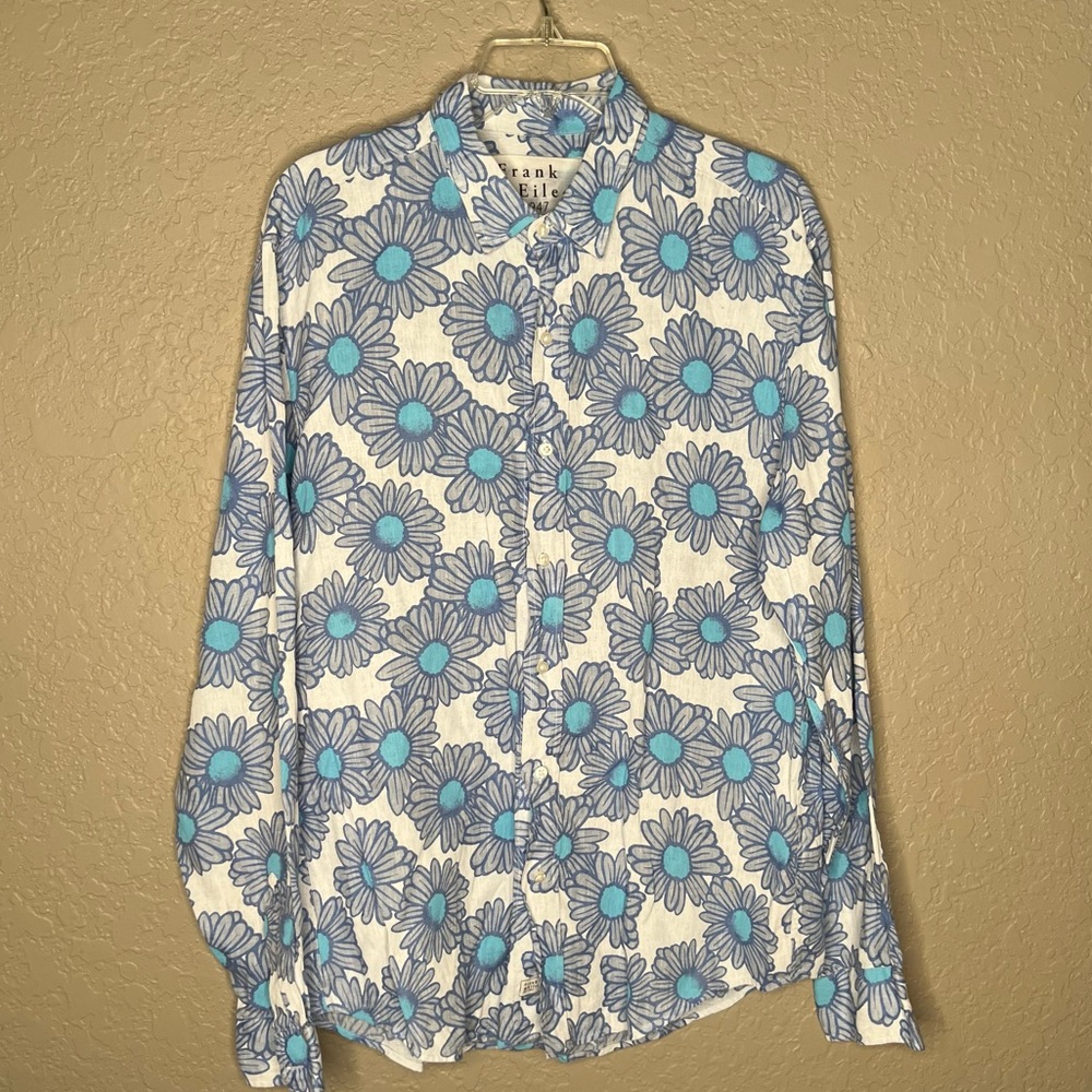 Frank & Eileen Daisy Print Linen Sz L Summer Vacation Beach Luxury Casual